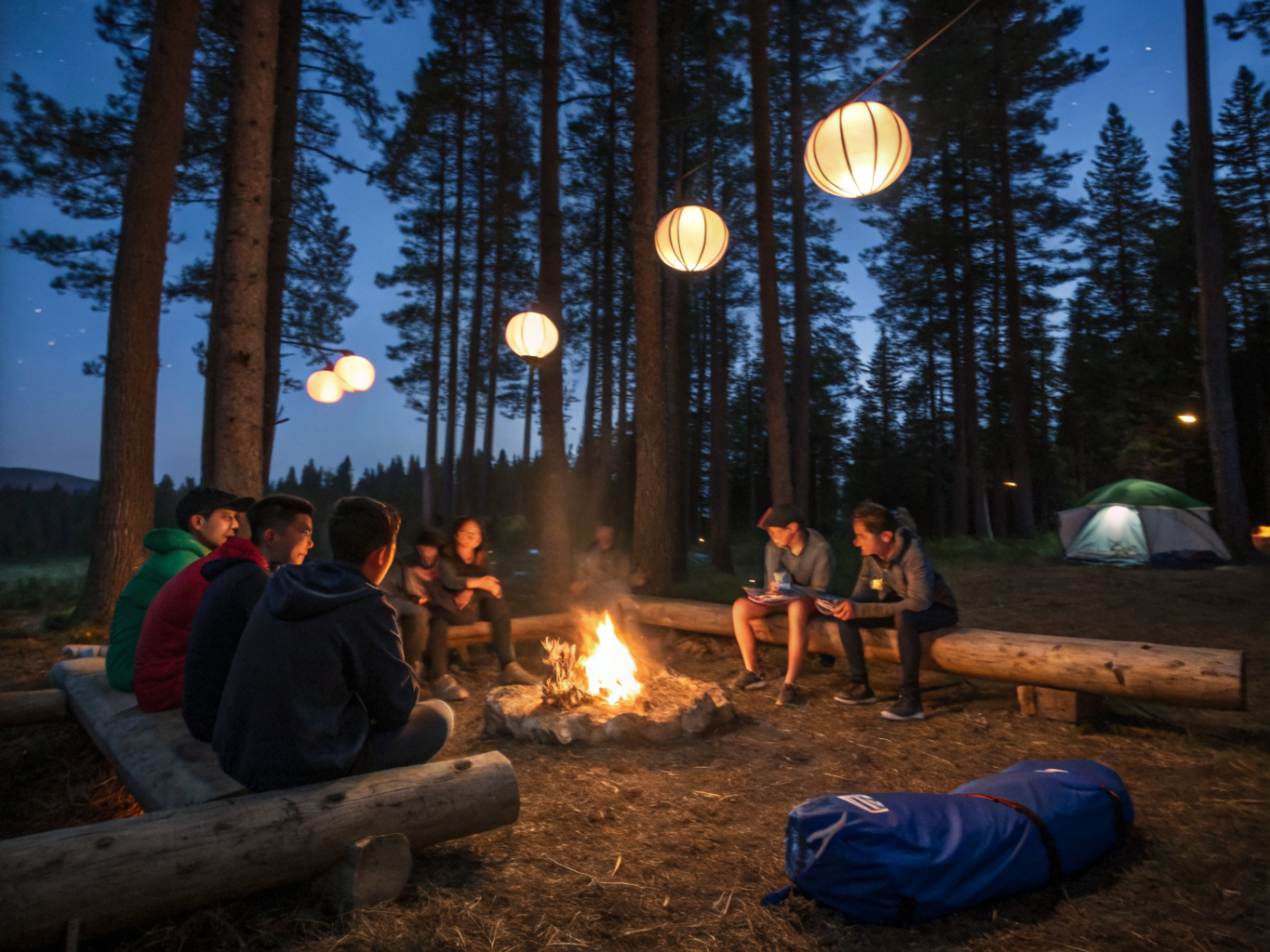 Youth Tribe members gathered around a campfire during summer camp